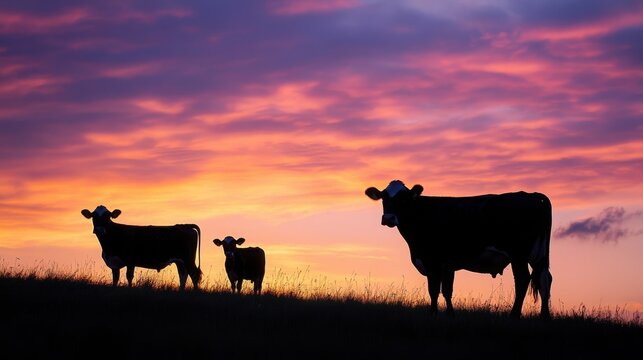 Silhouetted cows against dramatic sunset sky