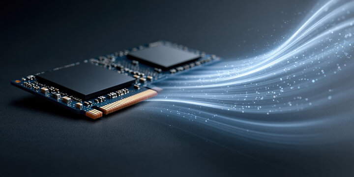 Fast ssd module file transfer high speed data flow with glowing fiber stream