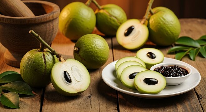 Ripe star apples halved, sliced on plate with dip beside mortar