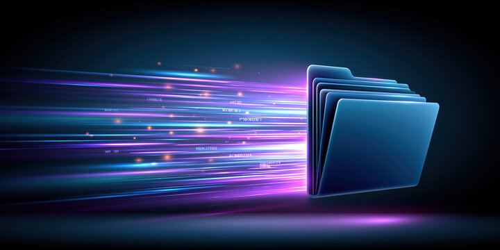 File transfer concept with glowing data streams moving into blue folder creating dynamic motion