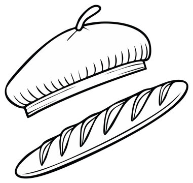 French Beret and Baguette Black and White Cartoon Illustration