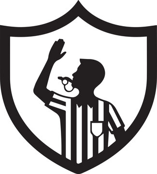 Black and white line art of referee or umpire raising fist in shield emblem