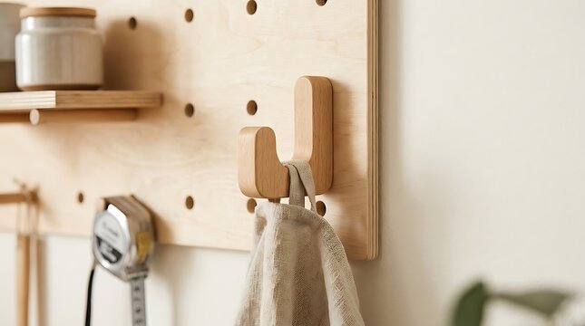 A wooden pegboard with a hook and shelf in a modern home interior