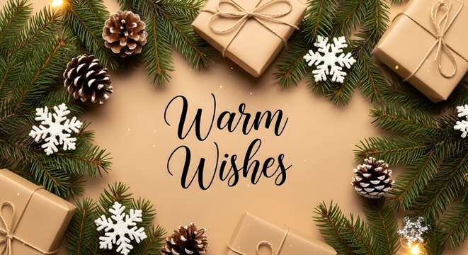 Christmas background with gift boxes, pine cones and snowflakes on beige background, top view, flat lay, copy space for text, warm wishes concept