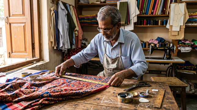 Elderly tailor measuring fabric for clothing in his workshop ai generated