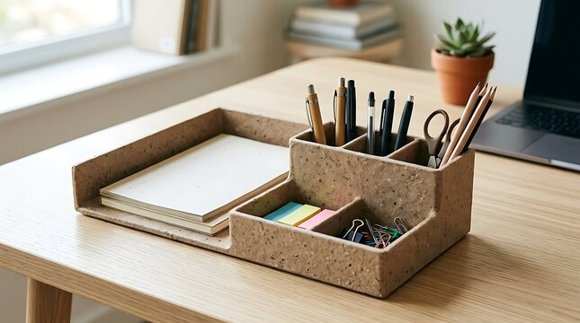 A cork desk organizer with office supplies on a wooden table in a bright workspace