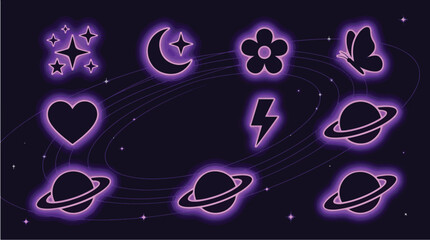 Neon celestial icons and shapes on dark background © Prism Pulse