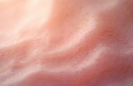 Macro abstract shot of pinkish human skin texture with light reflecting off tiny water droplets. Natural seamless surface reveals healthy complexion, detail.