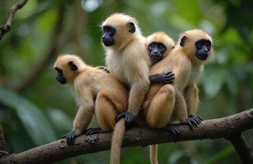 Fototapeta premium Four yellow monkeys sit close together on a tree branch. One baby monkey clings to its mother back in a lush green jungle. A small primate family rests peacefully in the wild rainforest.