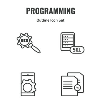 programming outline icon set. thin line seo configuration, mysql, mobile app, duplicate icons. editable vector