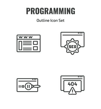 programming outline icon set. thin line web page, image seo, code review, error 404 icons. editable vector