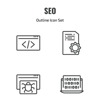 seo outline icon set. thin line html, article, bug report, binary code icons. editable vector