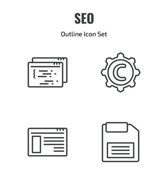 seo outline icon set. thin line page, copyright, ux de, floppy disk icons. editable vector