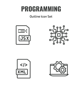programming outline icon set. thin line jsx, microchip, xml, software icons. editable vector