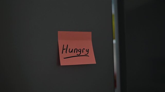 A sticky note with the word 'Hungry' is attached to a black surface in a minimalist location. The footage shows a close-up of the note to emphasize the reminder and the setting