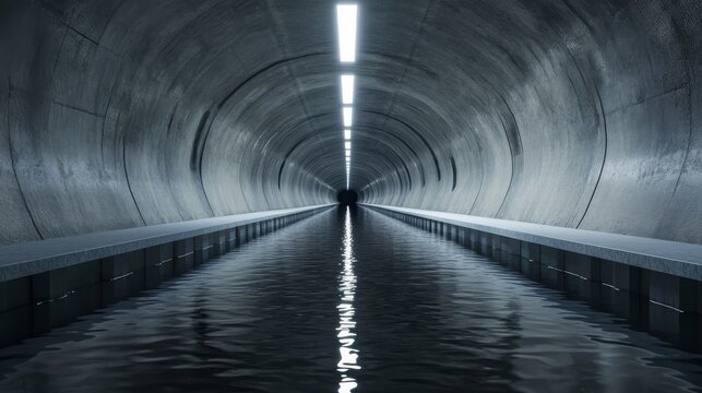 View of a long concrete tunnel with water reflecting lights, located underground and showing a dark entrance at the end