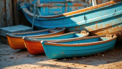 Fototapeta premium Three small fishing boats rest on sandy shore near large weathered vessel. Orange and blue dinghies show rustic charm. Nautical transport awaits gentle waves, peaceful scene.