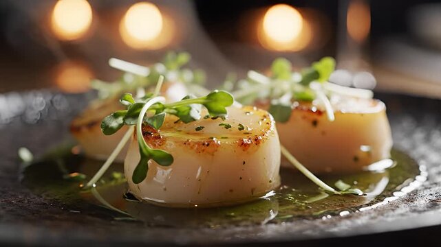 Gourmet Seared Scallops with Microgreens and Savory Sauce.