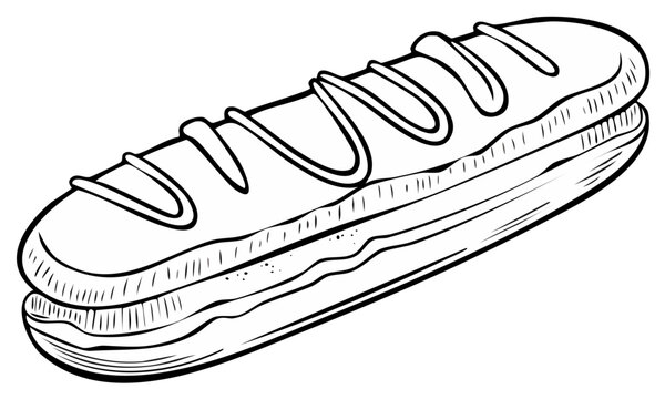 Illustrated Eclair, Sketchy Dessert, Drizzled Icing, Cream Filling, Line Art Style