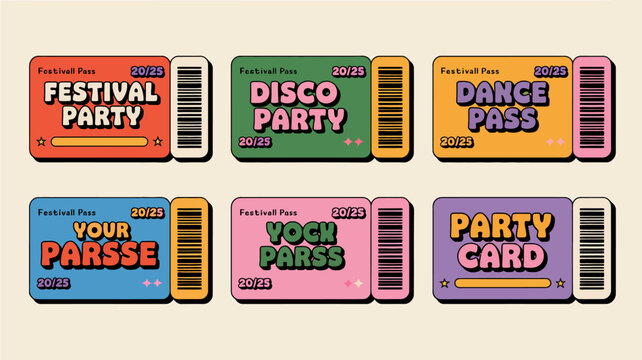 festival pass tickets with colorful text and barcode design on a beige background