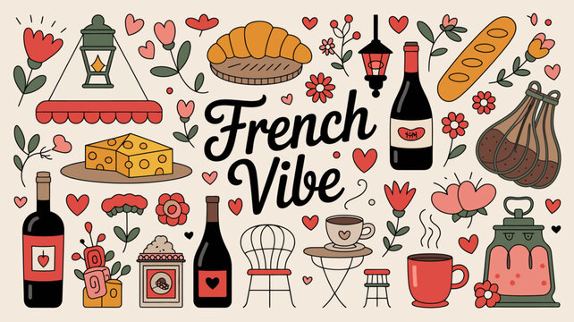 french themed illustration with croissants wine cheese and flowers on a beige background