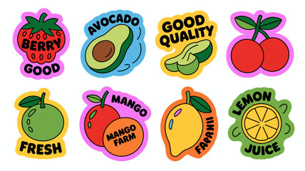 Colorful fruit stickers with text labels including avocado berry mango and lemon on a white background © DesignHub