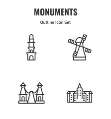 Fototapeta premium monuments outline icon set. thin line the clock tower, kinderdijk windmills, bridge of the west, bran castle icons. editable vector