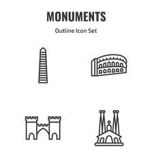 Obraz premium monuments outline icon set. thin line walled obelisk, pula arena, medieval, spain icons. editable vector