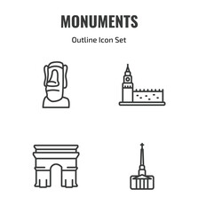 Obraz premium monuments outline icon set. thin line moia statues, russia, arc of triomphe, cathedral icons. editable vector