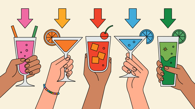 stylized illustration of five hands holding colorful cocktails with fruit garnishes