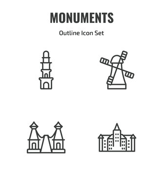 monuments outline icon set. thin line the clock tower, kinderdijk windmills, bridge of the west, bran castle icons. editable vector