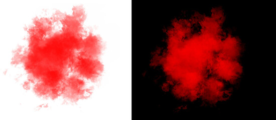 Vibrant red smoke explosion on white and black backgrounds, abstract crimson ink cloud splash, atmospheric scarlet powder burst texture © AMS Studio