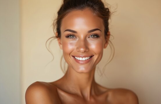 Young woman with bronzed skin smiles brightly. Her healthy glow highlights smooth features and perfect white teeth. She radiates beauty and confidence after a cosmetic procedure.