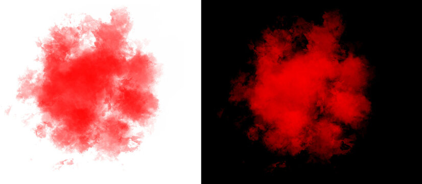 Vibrant red smoke explosion on white and black backgrounds, abstract crimson ink cloud splash, atmospheric scarlet powder burst texture