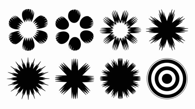 Eight black radial burst shapes arranged on a white background abstract geometric designs