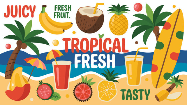 tropical fruit and beach illustration with palm trees coconuts and colorful drinks