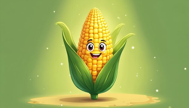 Happy corn cob character peeks from green leaves with joyful expression. Bright yellow vegetable smiles against soft green background with sparkling lights. Cute maize represents healthy eating farm