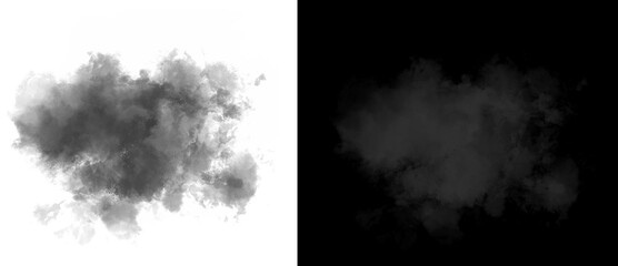 Fototapeta premium Atmospheric black smoke cloud on white background, dark gray steam burst with alpha channel mask, realistic thick smog and vapor texture