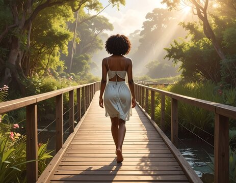 A person in a light dress walks across a wooden bridge into a sunlit forest. The bridge spans a calm stream
