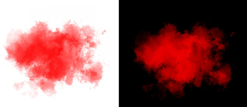 Vibrant red smoke cloud explosion on white and black background, abstract crimson steam texture, atmospheric scarlet fog effect for design