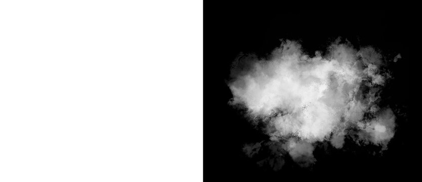 Atmospheric white smoke cloud on black background, ethereal steam texture for compositing, realistic fog and mist effect for creative design