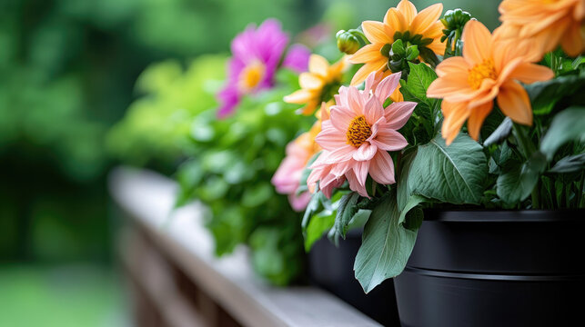 Balcony garden showcasing vibrant dahlia flowers in planters, bringing blooming beauty and a natural, inviting scene to urban outdoor living spaces