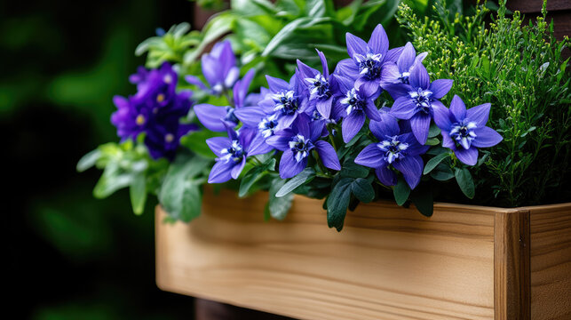 Vibrant native blue wildflowers blooming in a wooden planter, creating a pollinator friendly urban balcony garden and adding natural beauty to city life