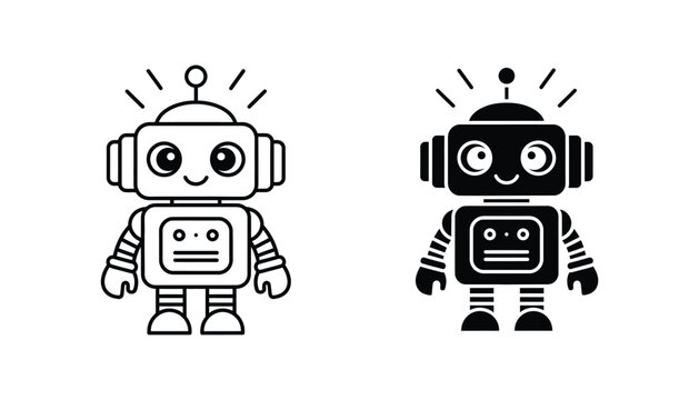 Cute smiling robot character in line art and solid black silhouette isolated on white background for technology concepts