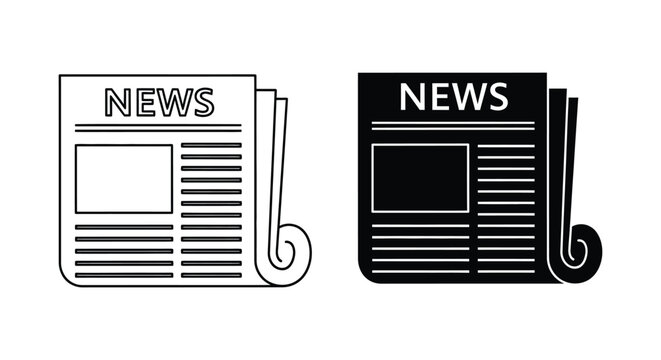 Newspaper vector icon isolated on white Black and white outline line art and solid glyph silhouette
