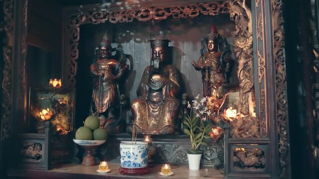 Altar in the Buddhist temple with figures of the Jade Emperor, flanked by his guardians and golden figurines of monks with symbolic offerings like pomelos, flower vases and gift baskets and burning in