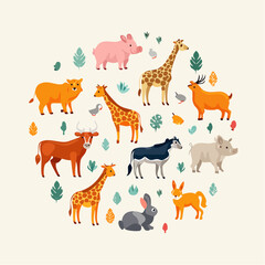 Fototapeta premium Collection of Cartoon Farm and Wild Animals