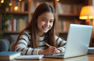 Fototapeta premium Smiling girl learns online with laptop. Young student writes in notebook, studies at home. Teenage pupil does homework with pen, books nearby, ready for tests, wears sweater.