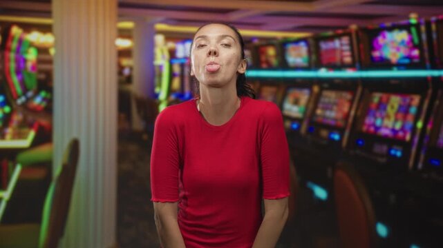 Young hispanic woman sticks out tongue at slot machine row in casino building while wearing red shirt and leaning forward showing neck and posture; playful.