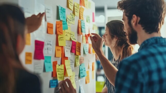 People sticking notes on wall during brainstorming session